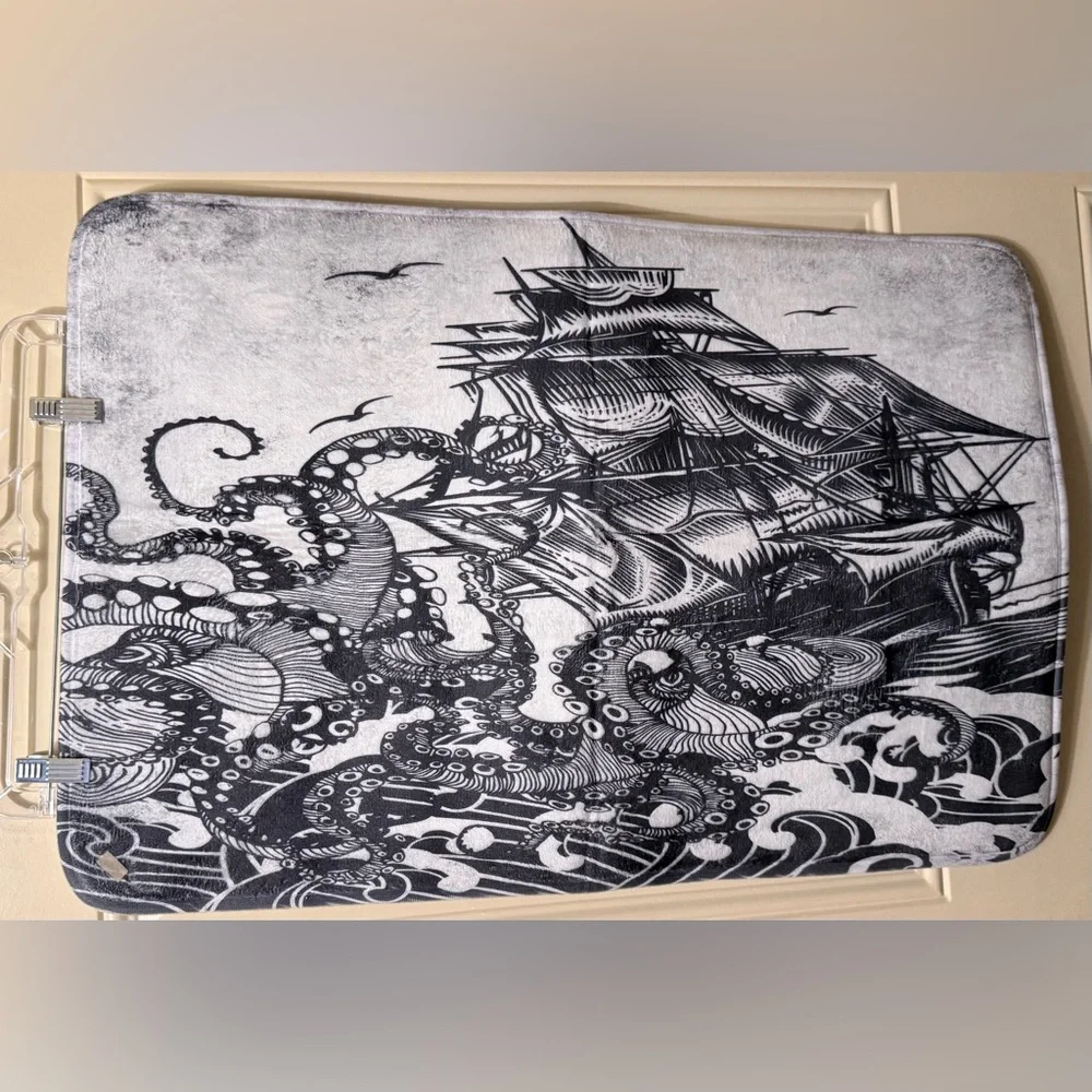Ambesonne Nautical Octopus and Sailing Ship Shower Curtain and Bath Mat NWOT